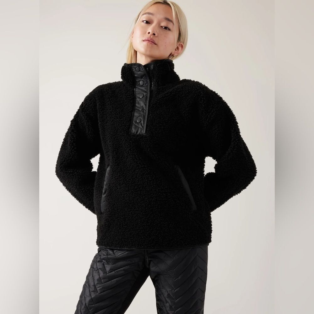 Athleta Cozy Sherpa Snap Sweatshirt Black XS Pullover Top Shacket